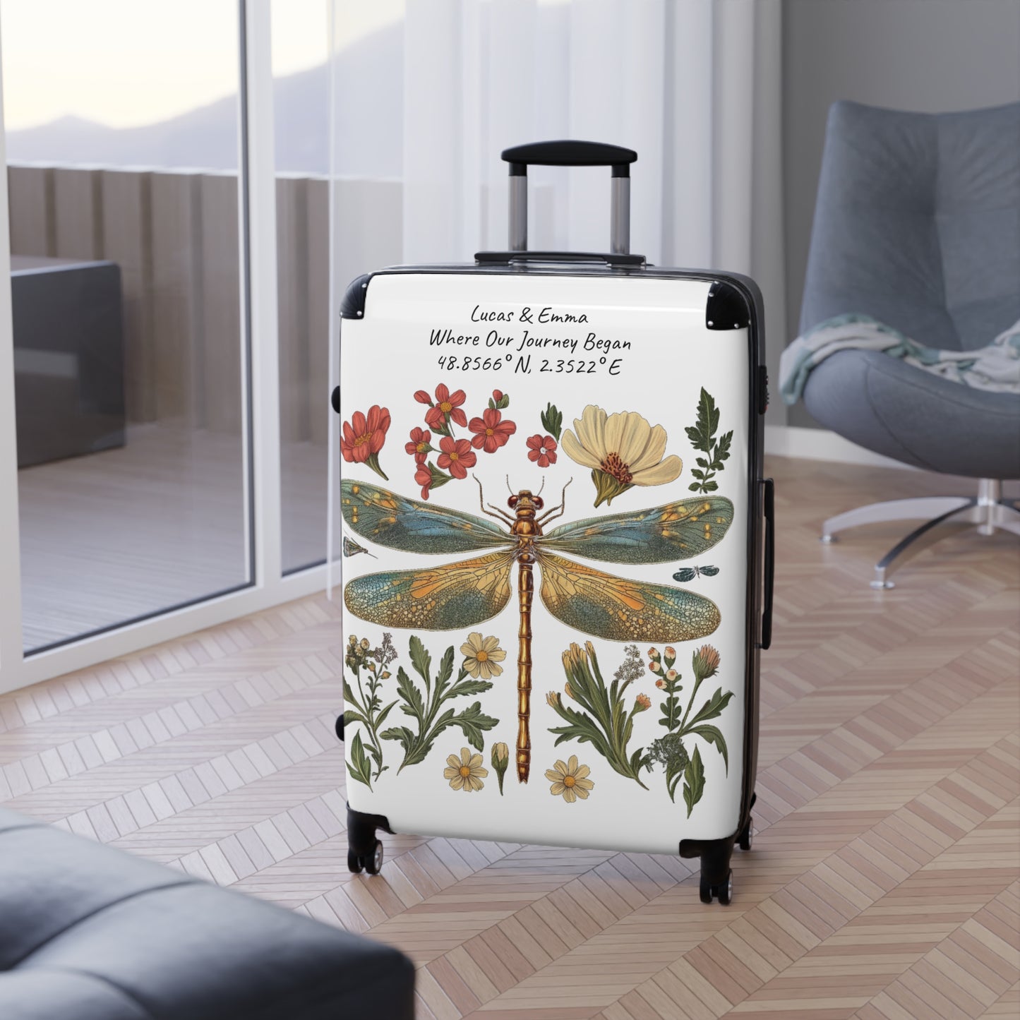 Personalised Dragonfly Suitcase Custom Botanical Luggage with Name Coordinates Travel Bag Gift for Couple Honeymoon Travel Suitcase