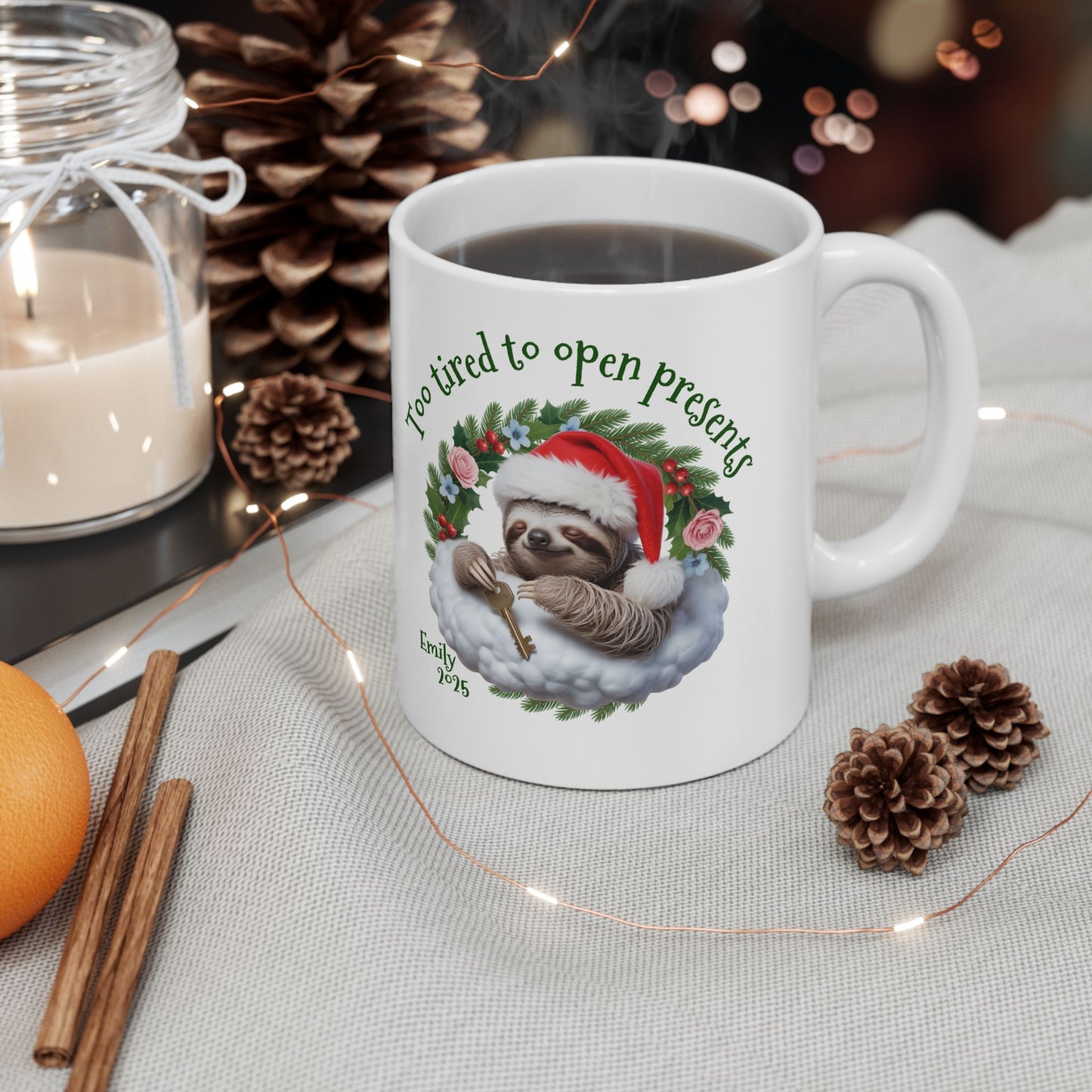 Personalized Christmas Sloth Mug – Custom Name, Quote & Year | Funny Holiday Coffee Cup, Cute Animal Gift, Cozy Winter Ceramic Tea Mug