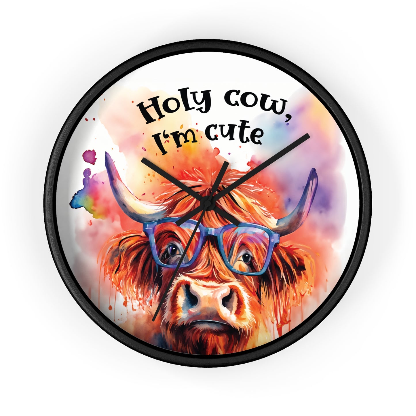 Holy Cow I'm Cute" Watercolor Highland Cow Wall Clock - Farmhouse Decor & Funny Gift