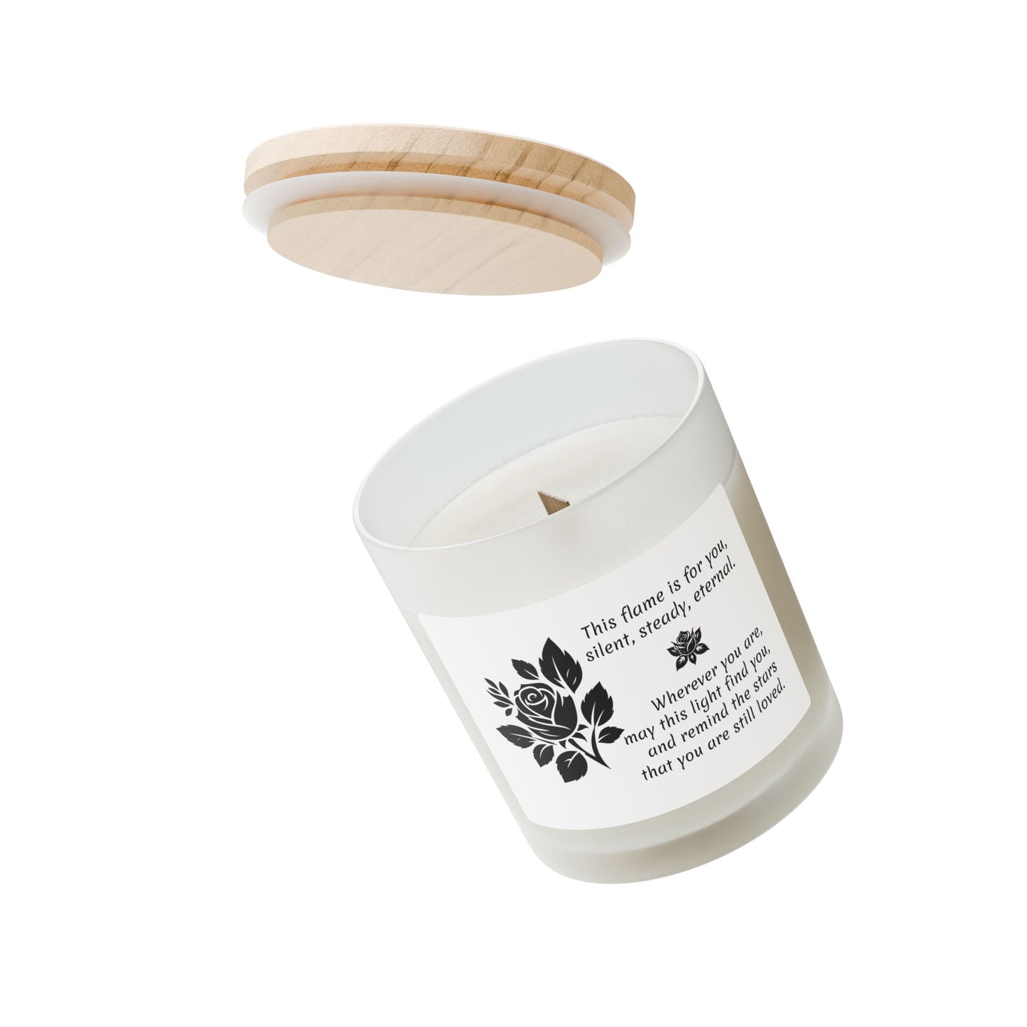 Memorial Candle with Black Rose – Frosted Glass, Poetic Quote & Wooden Wick.