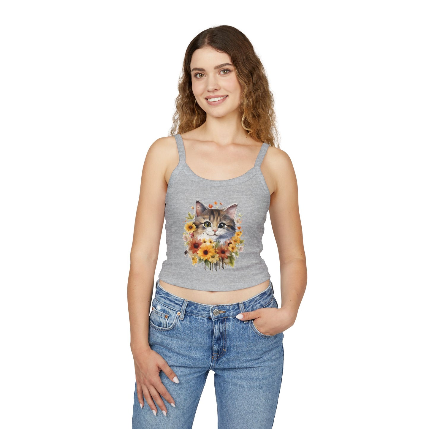 Floral Cat Women's Spaghetti Strap Tank Top - Cute and Stylish