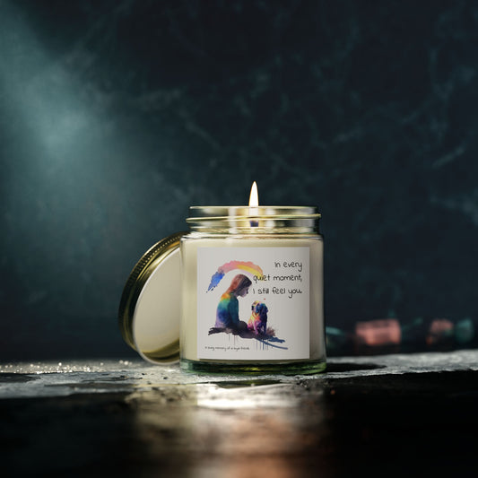 Pet Memorial Candle – “In Every Quiet Moment” Quote with Woman & Dog Illustration | Scented Tribute for a Loyal Friend