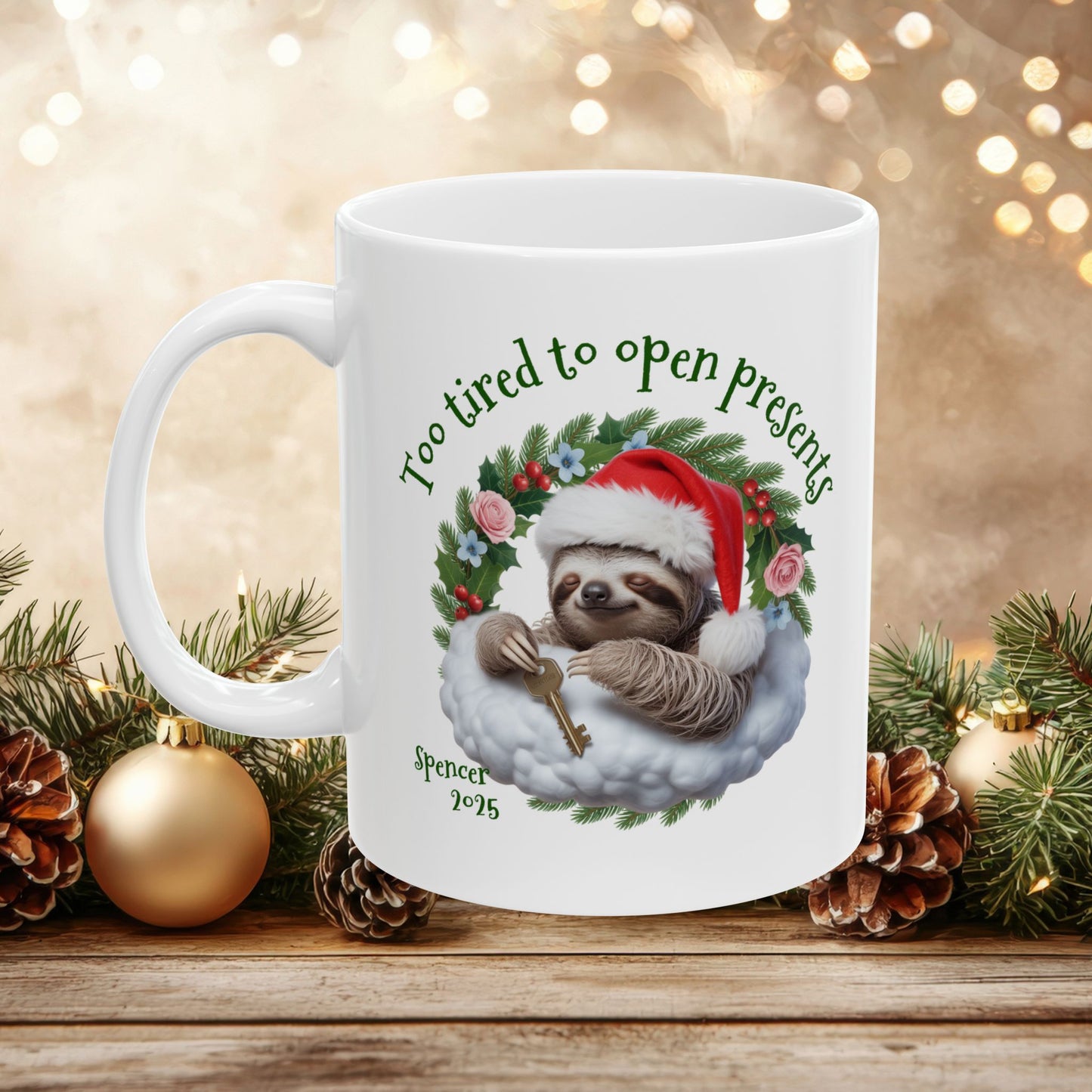 Personalized Christmas Sloth Mug – Custom Name, Quote & Year | Funny Holiday Coffee Cup, Cute Animal Gift, Cozy Winter Ceramic Tea Mug