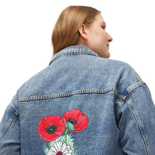 Floral Women’s Denim Jacket - Vintage Style with Poppy Design