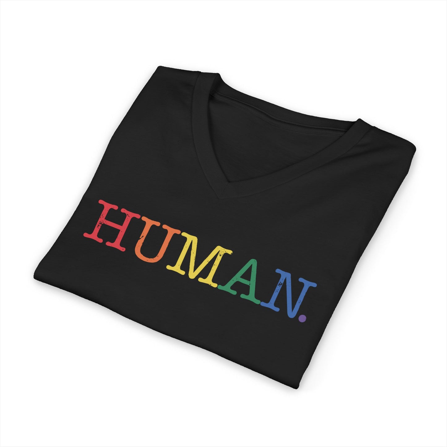 HUMAN Rainbow V-Neck T-Shirt – Unisex LGBTQ Pride Shirt – Minimalist Equality Graphic Tee – Black or White Cotton Top