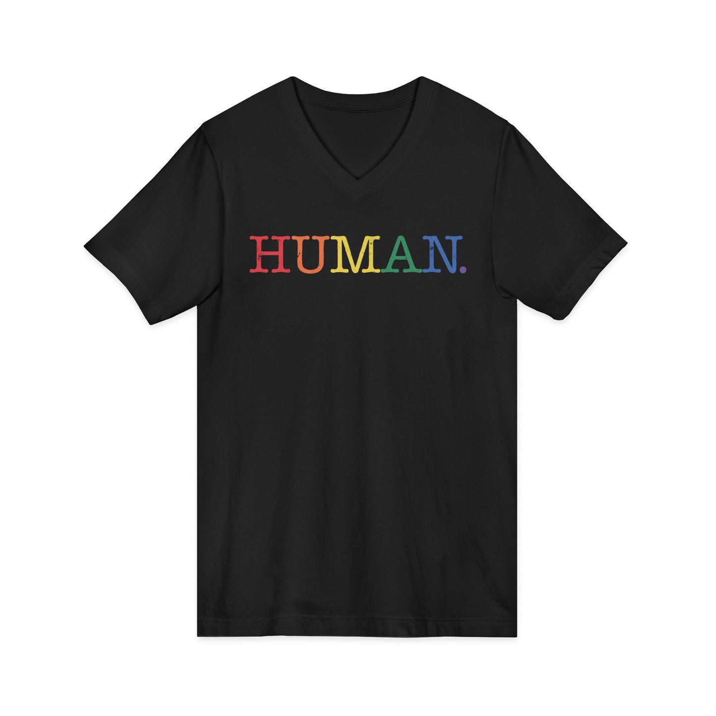 HUMAN Rainbow V-Neck T-Shirt – Unisex LGBTQ Pride Shirt – Minimalist Equality Graphic Tee – Black or White Cotton Top