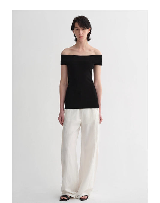 Mulberry Silk Blend One-Shoulder Top. Elegant Knit, Off-Shoulder Design
