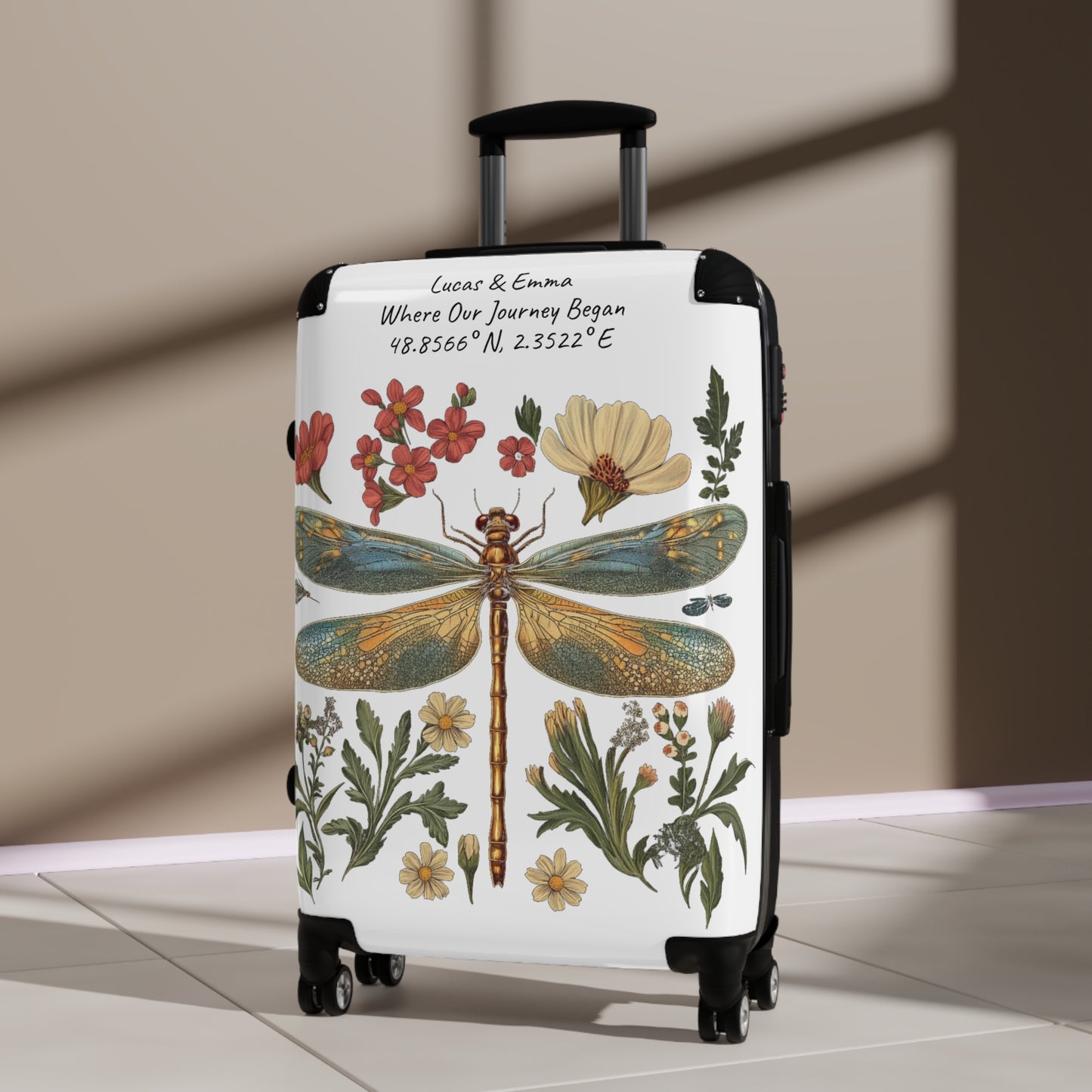 Personalised Dragonfly Suitcase Custom Botanical Luggage with Name Coordinates Travel Bag Gift for Couple Honeymoon Travel Suitcase