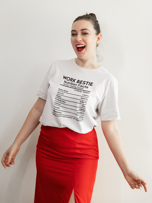 Work Bestie Nutrition Facts T-Shirt – Funny Best Friend Gift for Her, Cute Graphic Tee with Back Print, Unisex Matching Shirt Idea