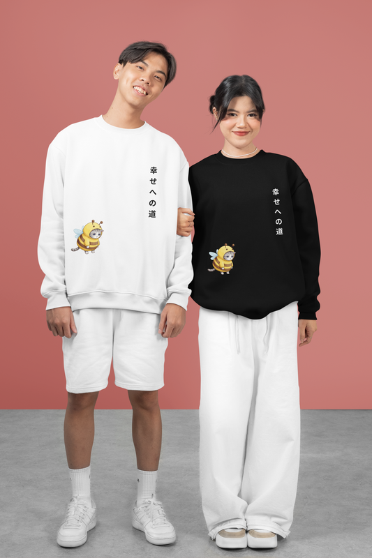 Sad Bee Cat Sweatshirt – “Path to Happiness” Japanese-Inspired Unisex Crewneck, Aesthetic Cute Animal Gift, Soft Cozy Fall Sweater