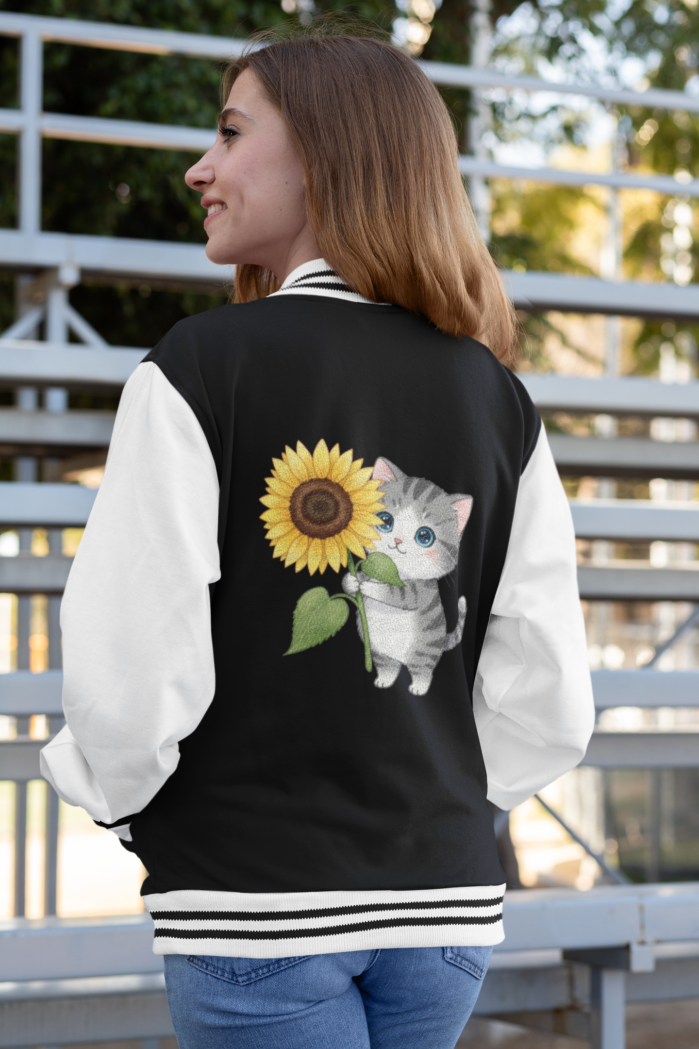 Unisex Letterman Jacket – Cute Cat & Sunflower Design | Trendy Fit | Perfect Gift for Teens & Cat Lovers