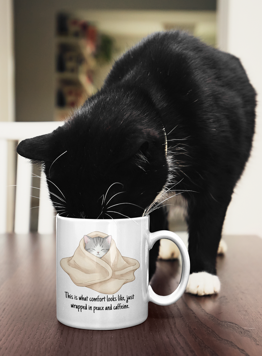 Cozy Cat Mug 11oz – “This Is What Comfort Looks Like” Quote | Funny Ceramic Coffee Cup | Gift for Cat Lovers