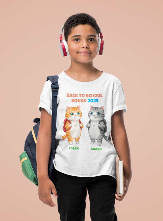 Personalized Back to School 2025 Cat Shirt for Kids – Custom Names & Year – Cute Bestie Tee – Fun Cat Lover Gift for Boys & Girls