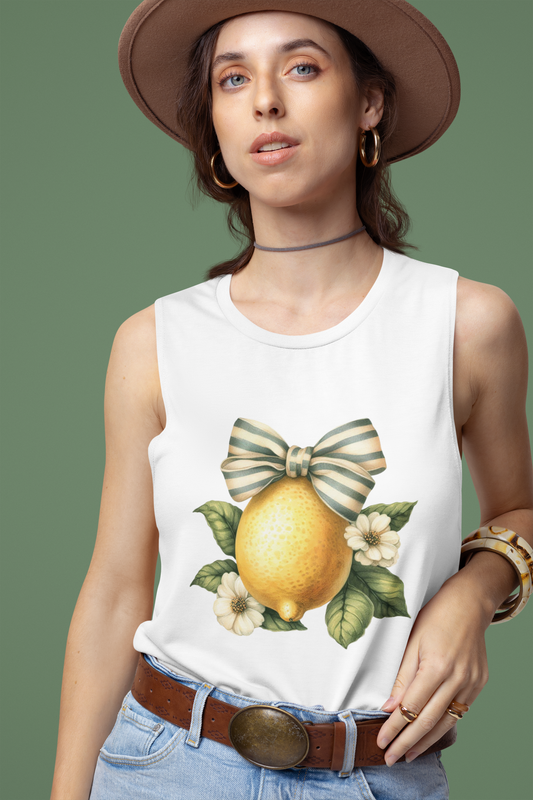 Vintage Lemon Tank Top | Boho Summer Fruit Shirt | Watercolor Floral Bow Tee | Unisex Casual Beach Outfit | Nature Lover Gift
