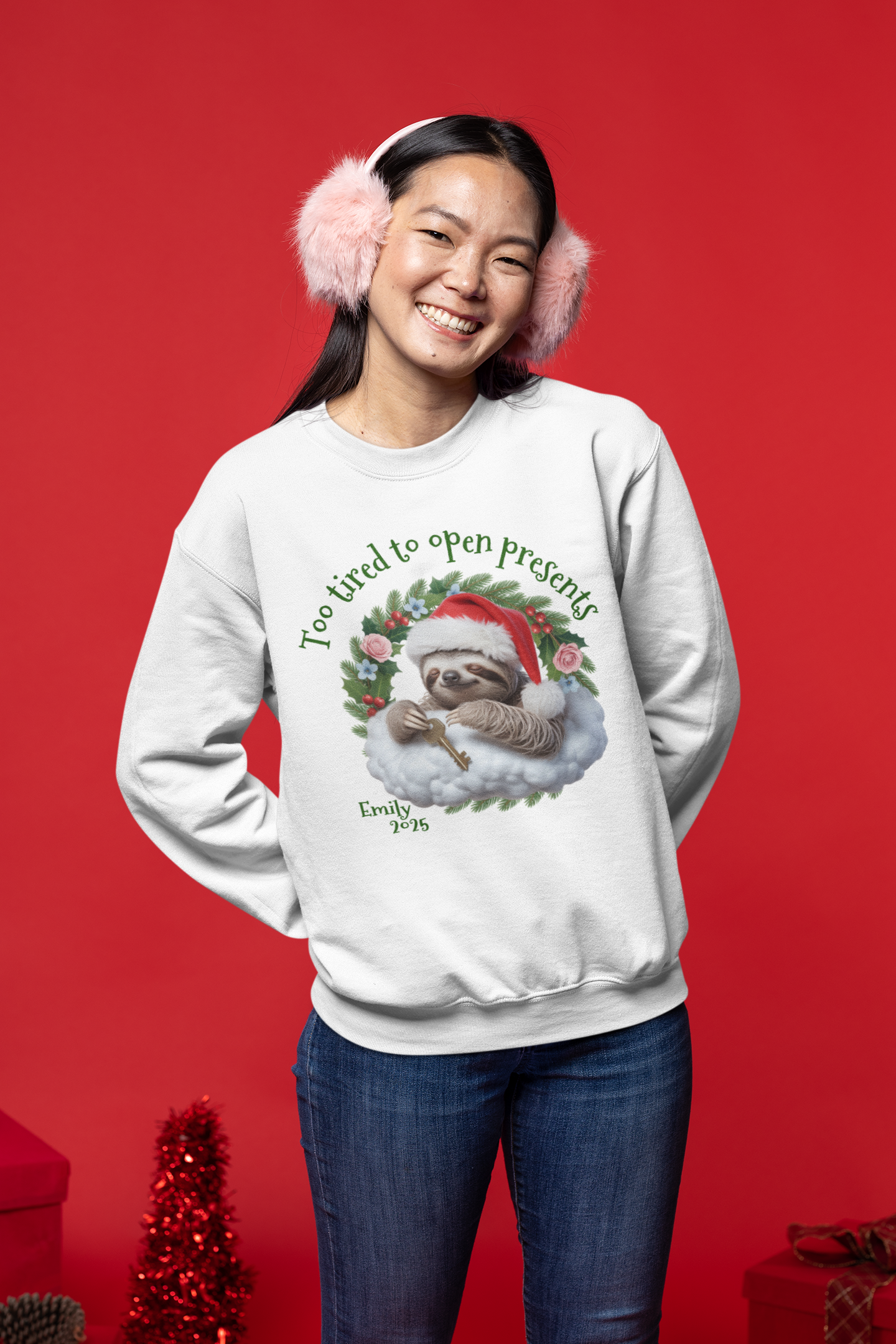 Personalized Cozy Holiday Sloth Sweatshirt – Funny Christmas Gift, Custom Name & Quote, Unisex Crewneck, Cute Sloth Winter Apparel