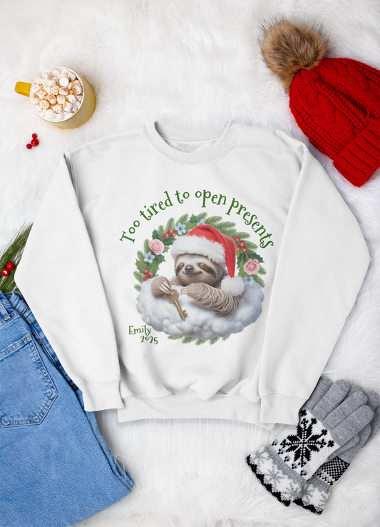 Personalized Cozy Holiday Sloth Sweatshirt – Funny Christmas Gift, Custom Name & Quote, Unisex Crewneck, Cute Sloth Winter Apparel