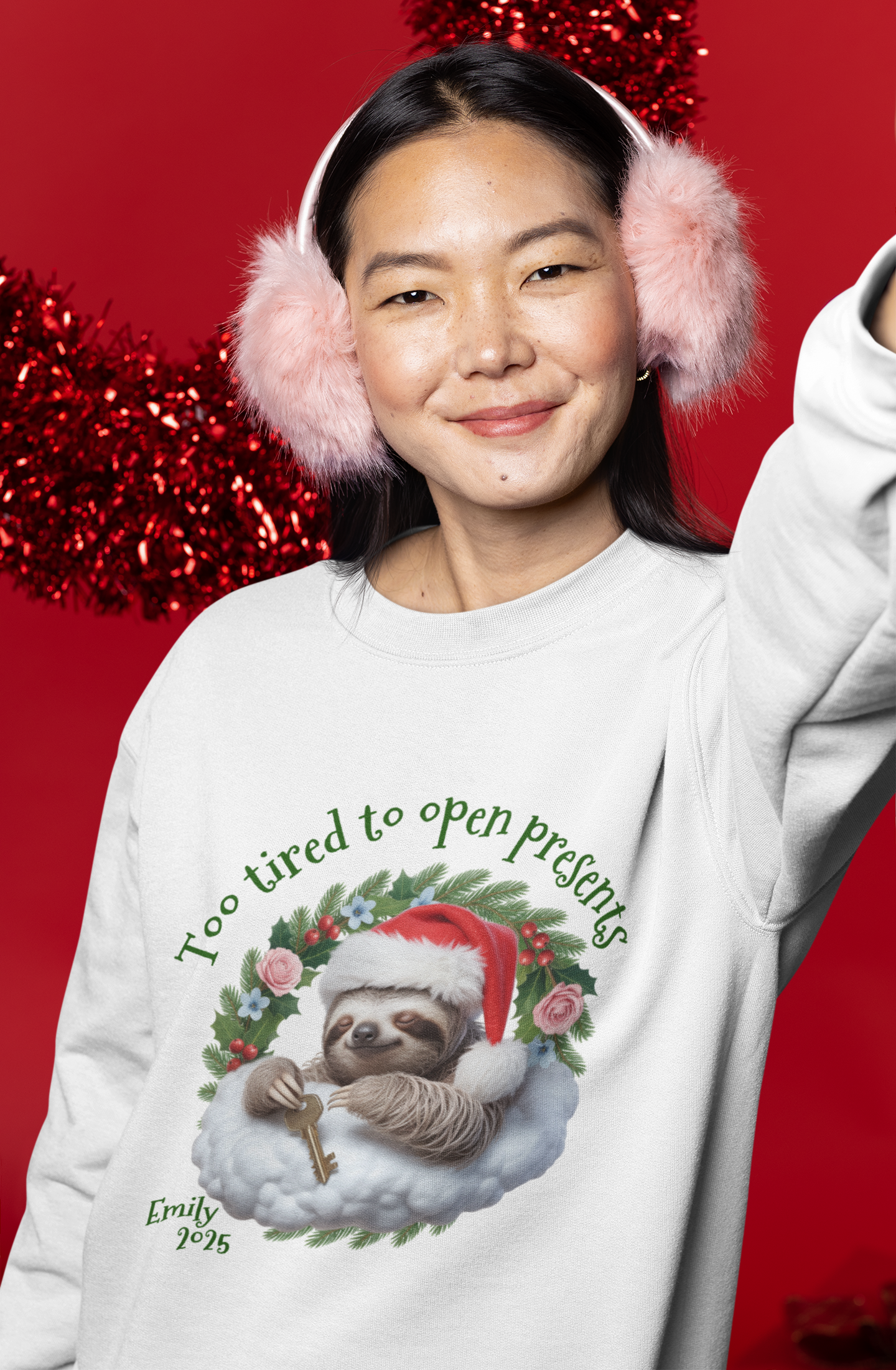 Personalized Cozy Holiday Sloth Sweatshirt – Funny Christmas Gift, Custom Name & Quote, Unisex Crewneck, Cute Sloth Winter Apparel