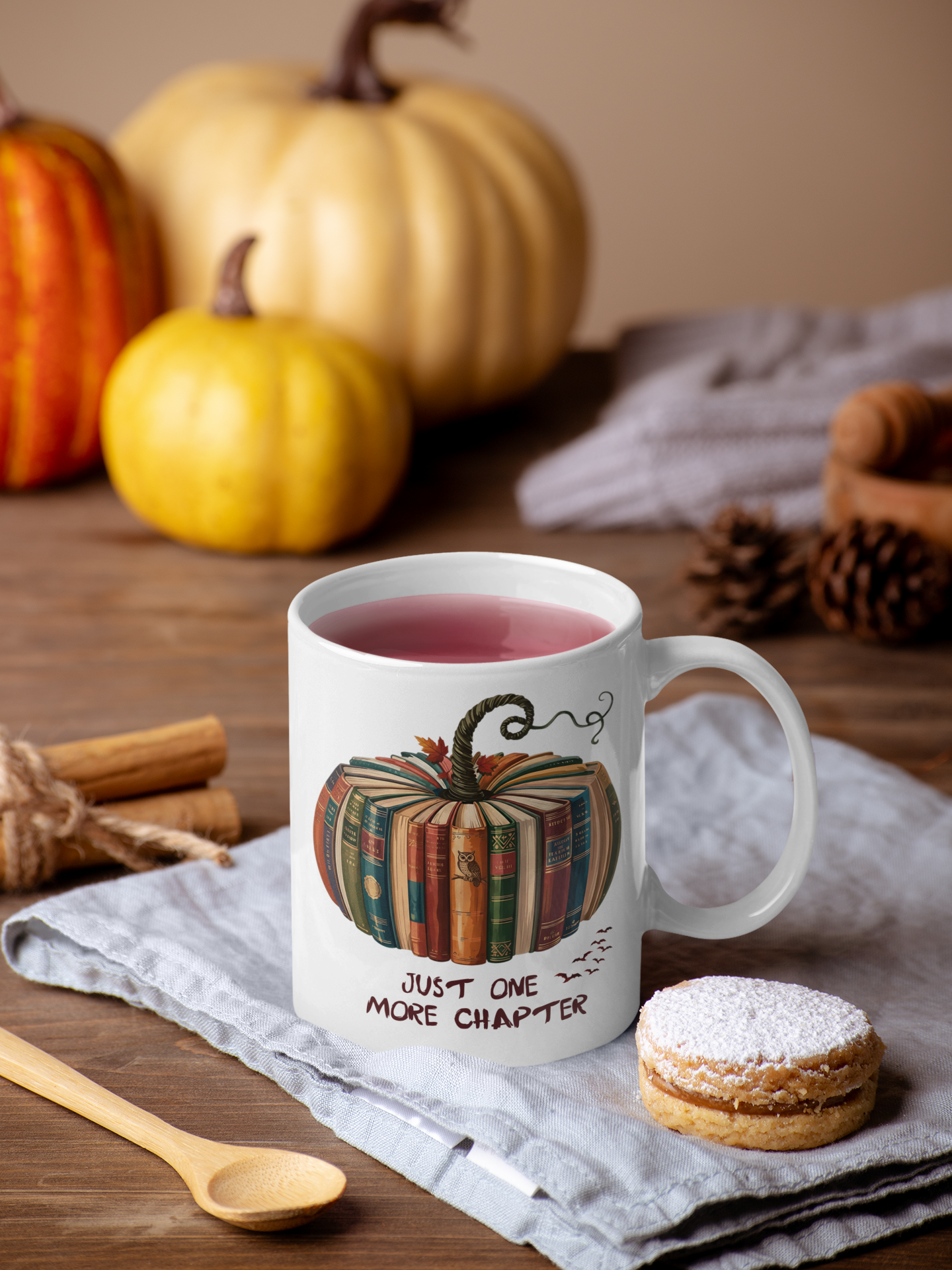 Just One More Chapter Mug – Halloween Book Lover Gift – Spooky Coffee & Tea Cup – Pumpkin Books Design – Literary Reading Mug