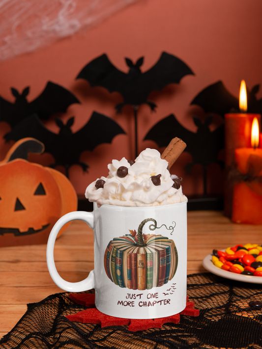 Just One More Chapter Mug – Halloween Book Lover Gift – Spooky Coffee & Tea Cup – Pumpkin Books Design – Literary Reading Mug
