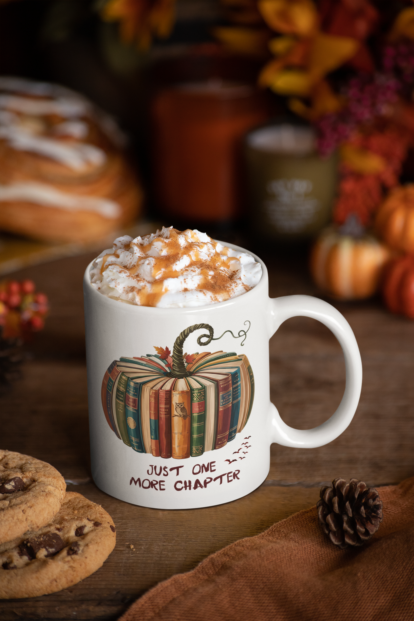 Just One More Chapter Mug – Halloween Book Lover Gift – Spooky Coffee & Tea Cup – Pumpkin Books Design – Literary Reading Mug