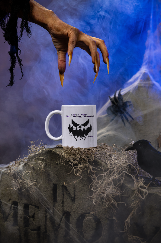 Error 404: Not Today, Humans Mug – Pixel Face Design – Customizable Geek & Gamer Gift – Spooky Coffee & Tea Cup – Halloween / Tech Humor