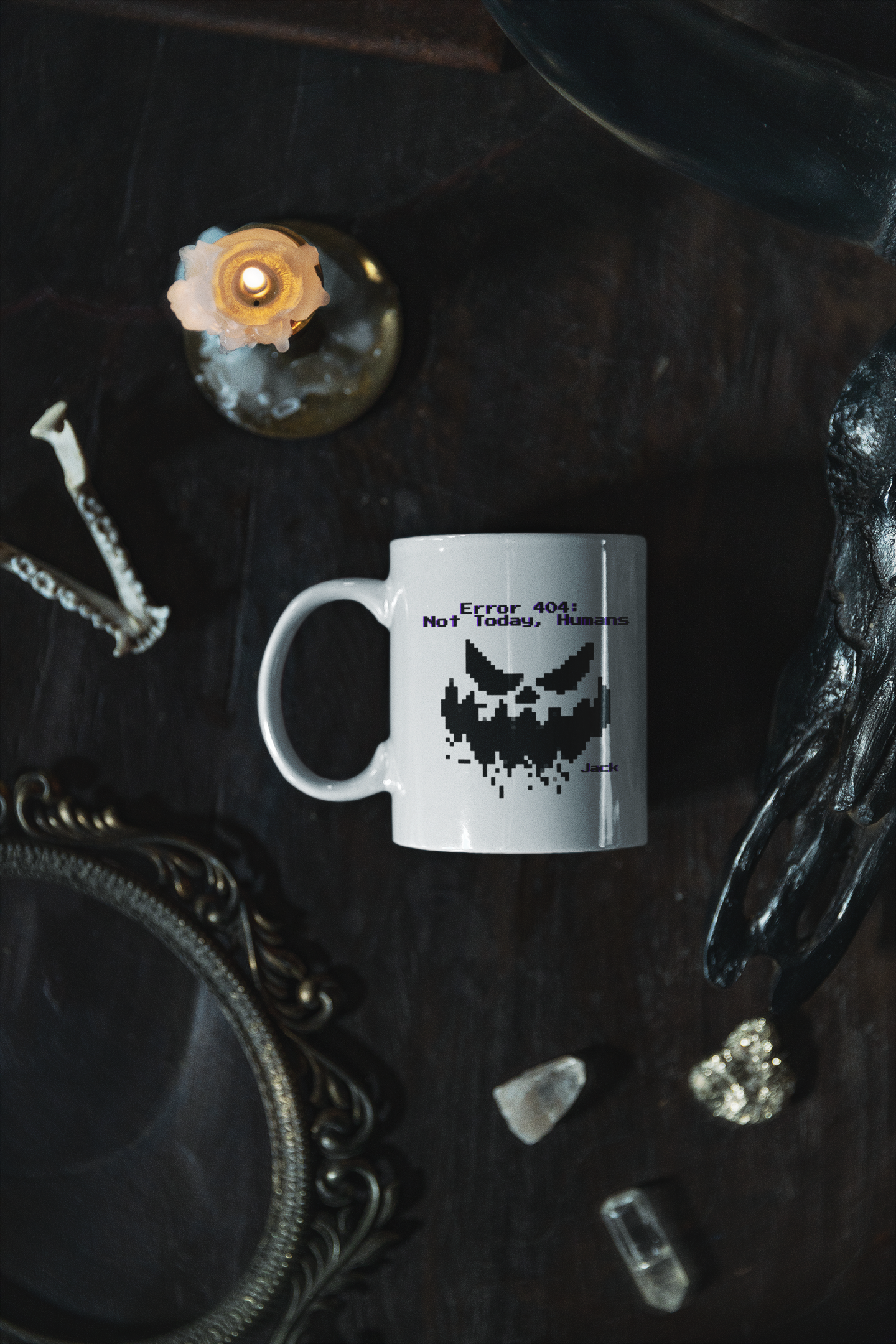 Error 404: Not Today, Humans Mug – Pixel Face Design – Customizable Geek & Gamer Gift – Spooky Coffee & Tea Cup – Halloween / Tech Humor