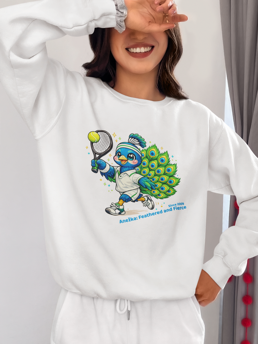 Peacock Tennis Sweatshirt — Cute Bird Tennis Player Graphic Crewneck