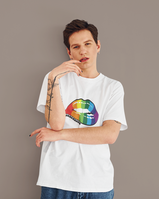 Dangerous Rainbow Lips T-Shirt — Pride Graphic Tee, LGBTQ+ Pride Shirt, Vintage Style Rainbow Lip Shirt for Men & Women