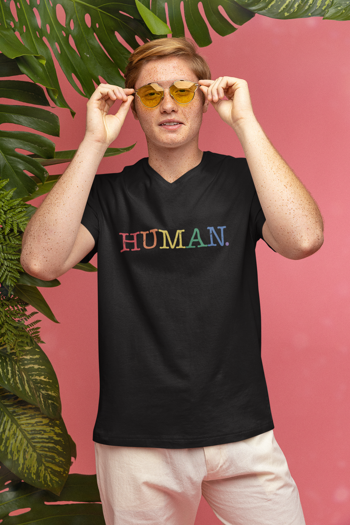 HUMAN Rainbow V-Neck T-Shirt – Unisex LGBTQ Pride Shirt – Minimalist Equality Graphic Tee – Black or White Cotton Top
