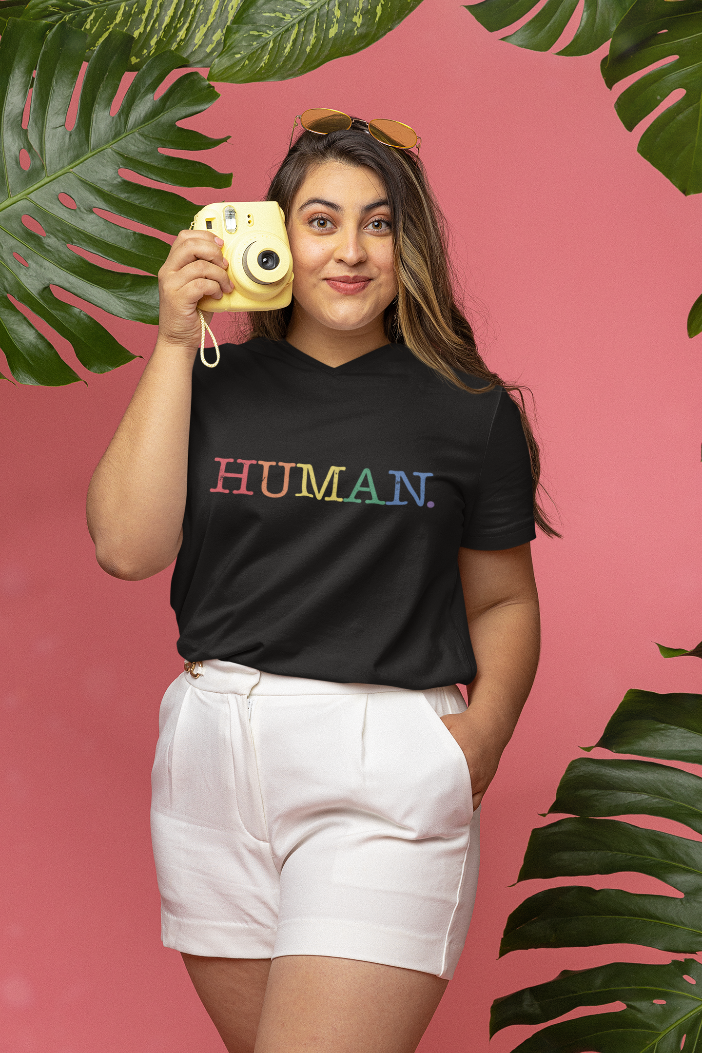 HUMAN Rainbow V-Neck T-Shirt – Unisex LGBTQ Pride Shirt – Minimalist Equality Graphic Tee – Black or White Cotton Top