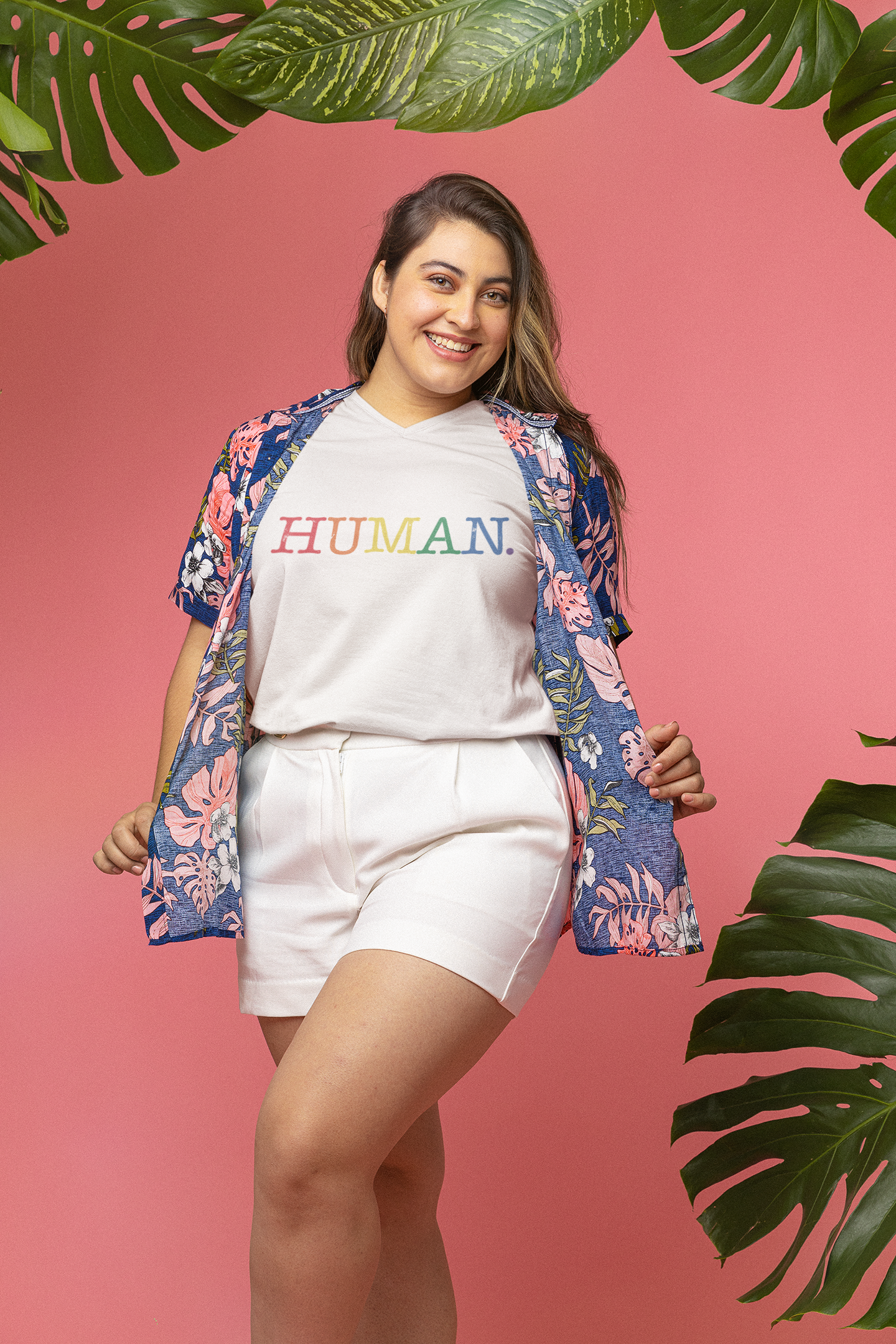 HUMAN Rainbow V-Neck T-Shirt – Unisex LGBTQ Pride Shirt – Minimalist Equality Graphic Tee – Black or White Cotton Top