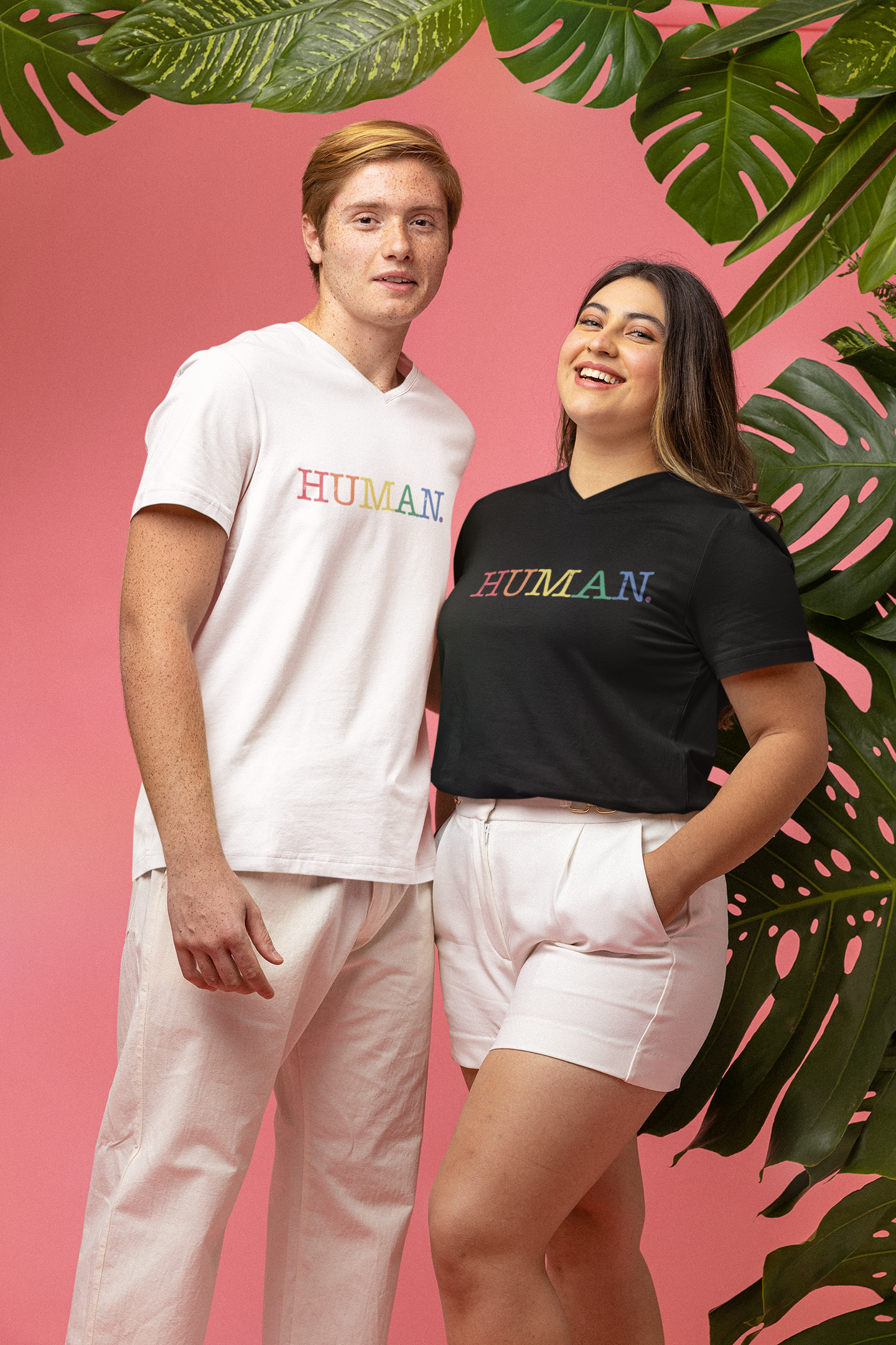 HUMAN Rainbow V-Neck T-Shirt – Unisex LGBTQ Pride Shirt – Minimalist Equality Graphic Tee – Black or White Cotton Top