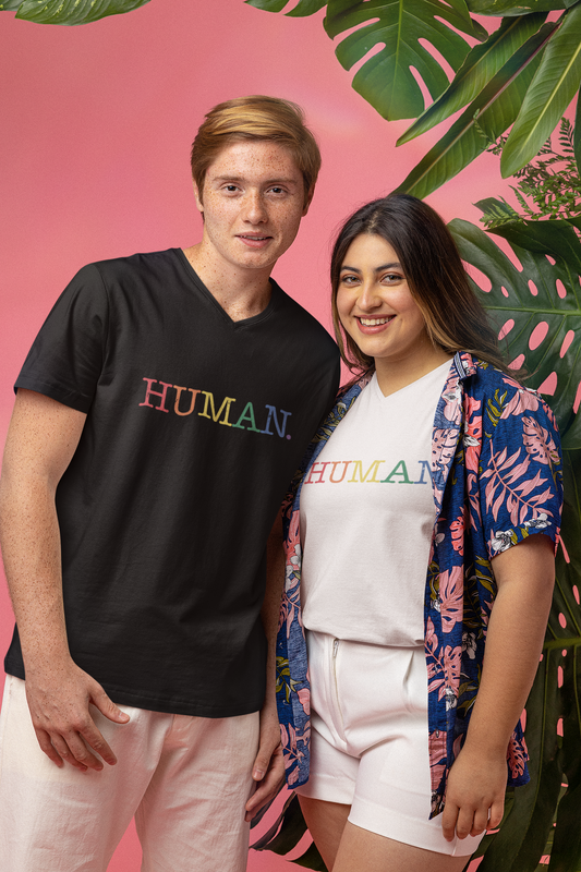 HUMAN Rainbow V-Neck T-Shirt – Unisex LGBTQ Pride Shirt – Minimalist Equality Graphic Tee – Black or White Cotton Top