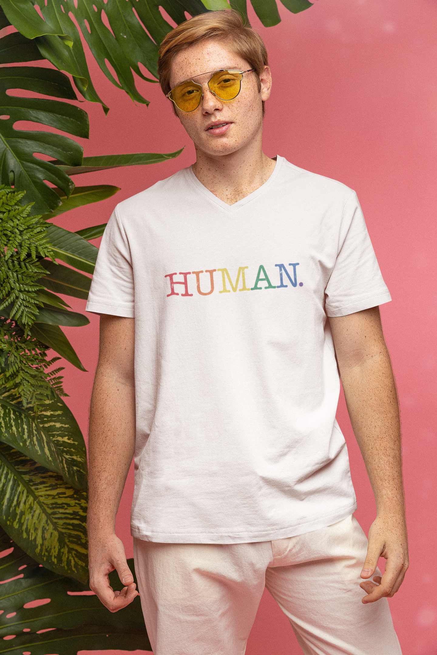 HUMAN Rainbow V-Neck T-Shirt – Unisex LGBTQ Pride Shirt – Minimalist Equality Graphic Tee – Black or White Cotton Top