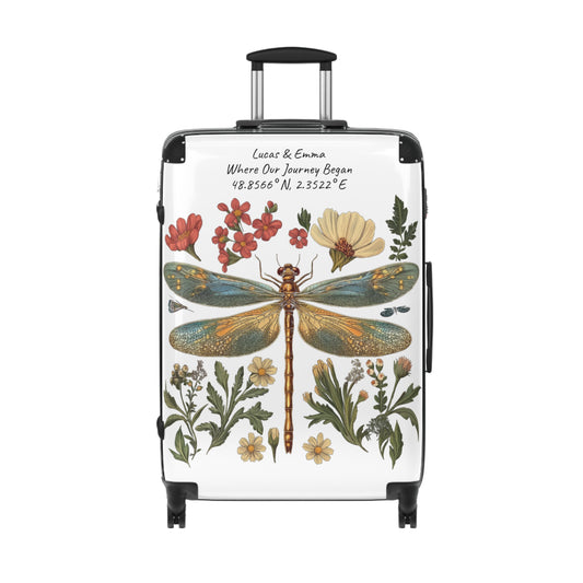 Personalised Dragonfly Suitcase Custom Botanical Luggage with Name Coordinates Travel Bag Gift for Couple Honeymoon Travel Suitcase