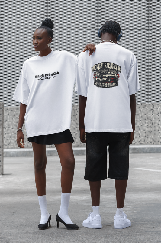 Unisex Oversized T-Shirt Midnight Racing Club Vintage Race Scene Personalised Coordinates