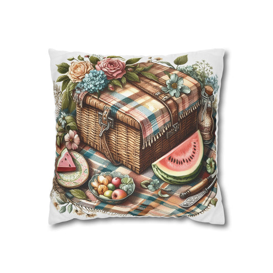 Vintage Picnic Basket Throw Pillow - Floral Design