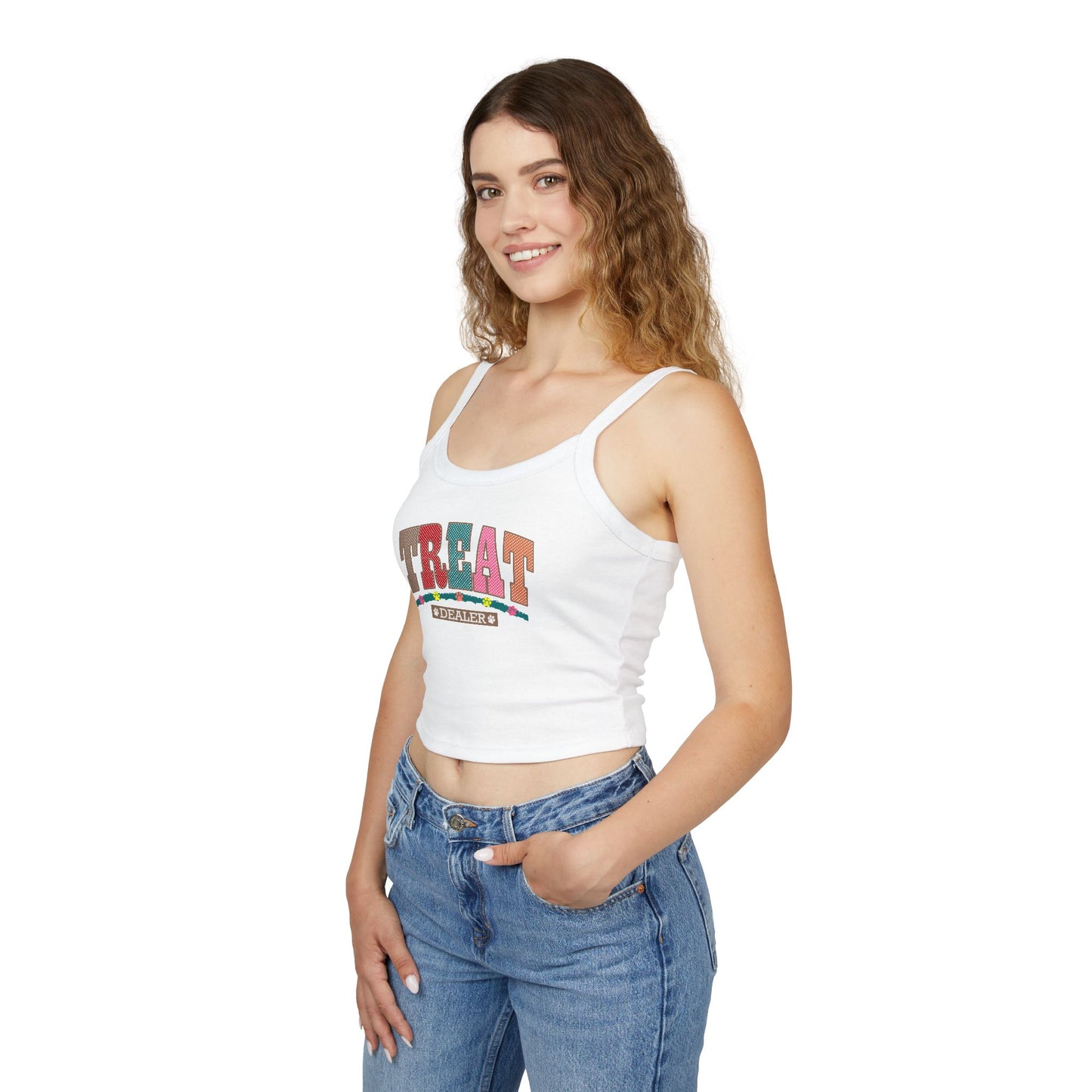 Funny Women's Spaghetti Strap Tank Top - "Treat Dealer" - Perfect for Summer Parties and Casual Wear