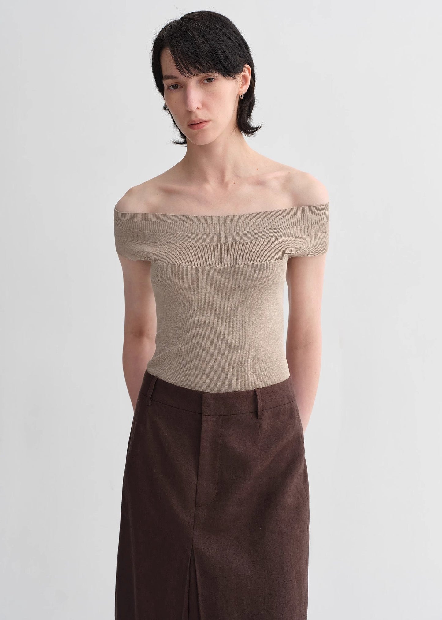Mulberry Silk Blend One-Shoulder Top. Elegant Knit, Off-Shoulder Design