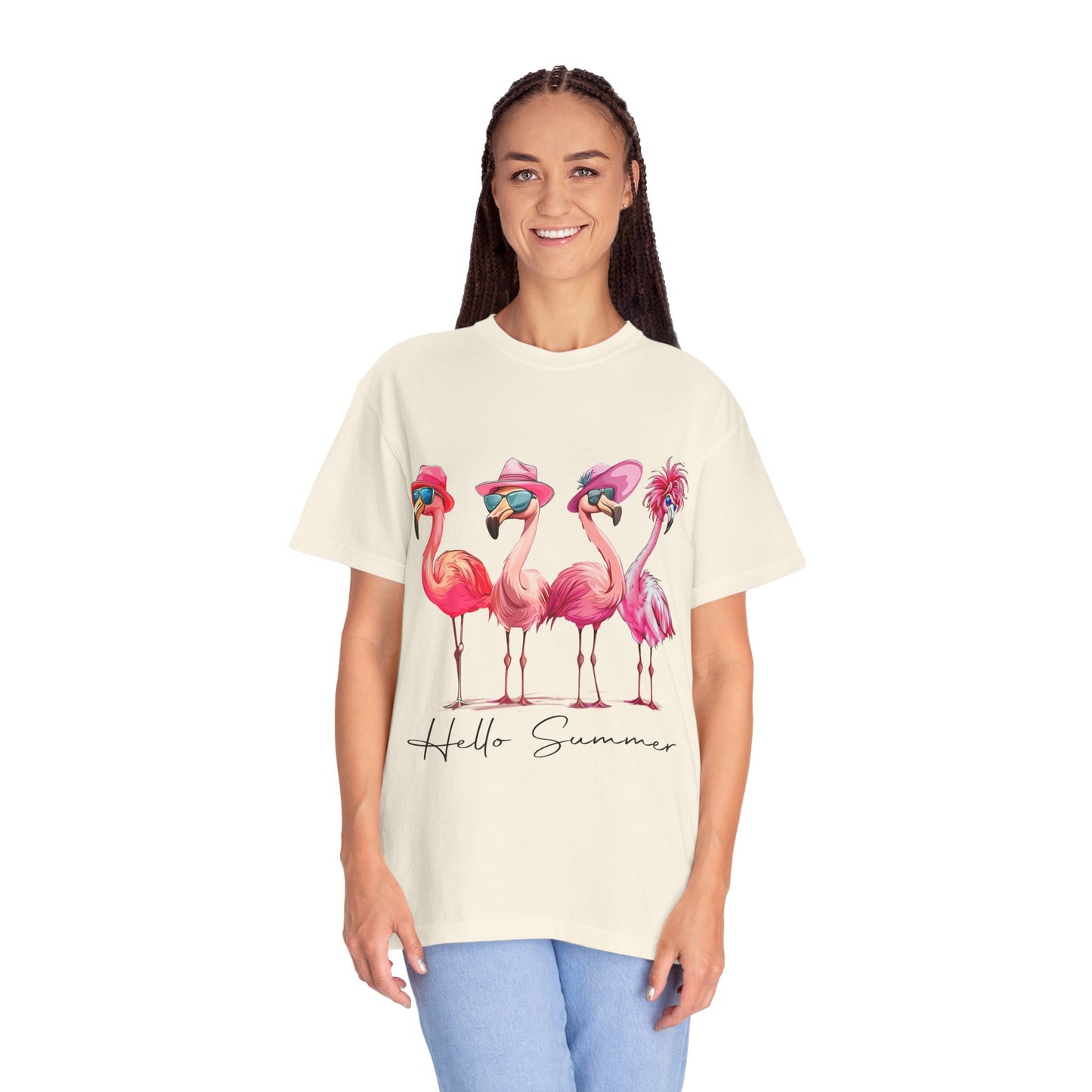 Hello Summer Flamingo T-Shirt - Garment-Dyed Tee for Beach Lovers