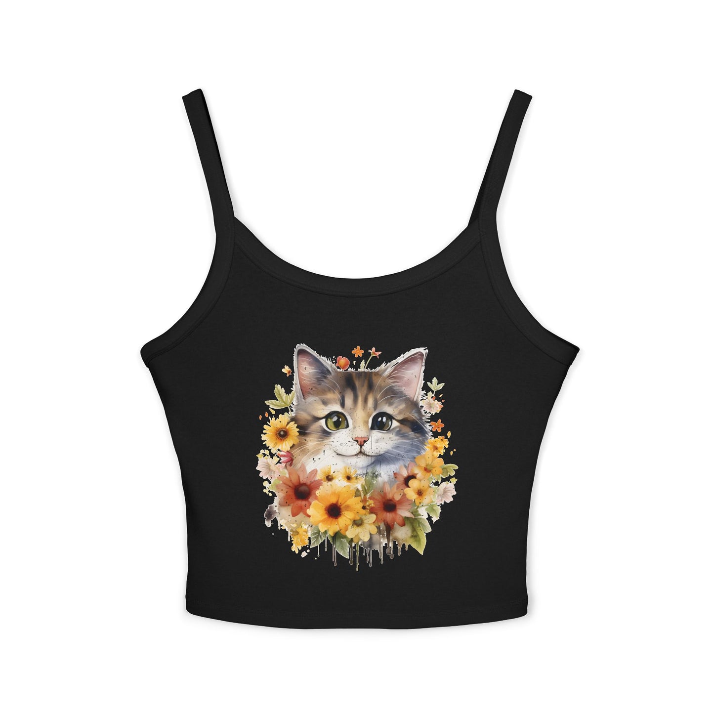 Floral Cat Women's Spaghetti Strap Tank Top - Cute and Stylish