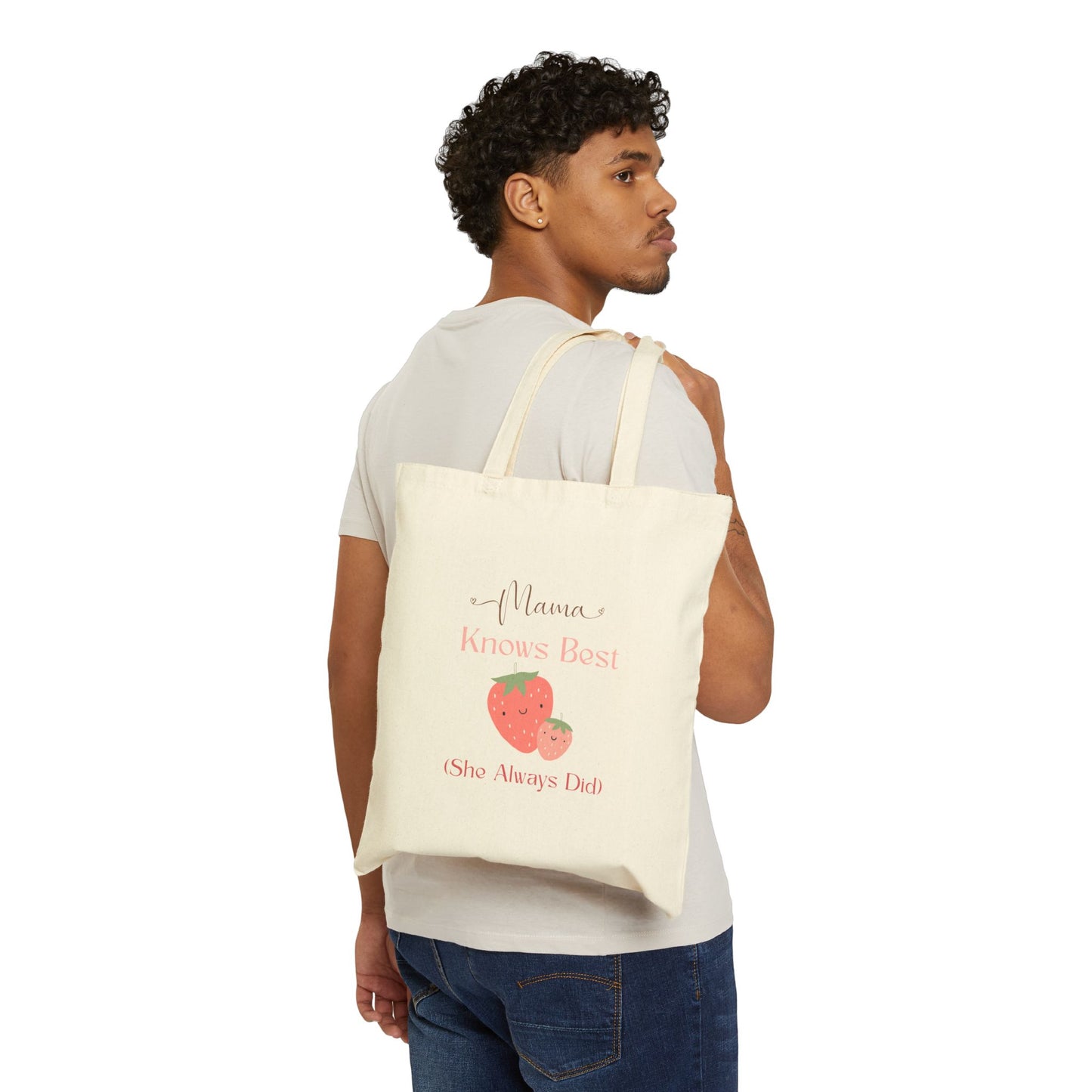 Mama Knows Best Strawberry Tote Bag - Eco-Friendly Cotton Canvas for Mother's Day and Everyday Use