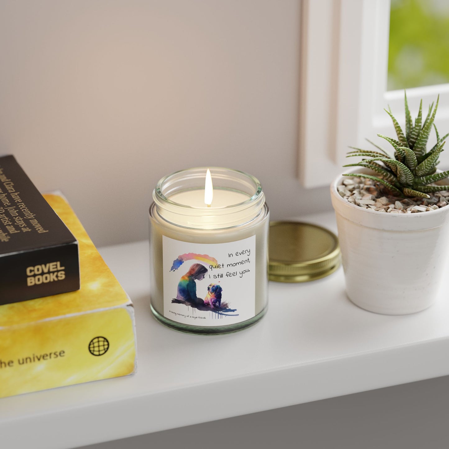 Pet Memorial Candle – “In Every Quiet Moment” Quote with Woman & Dog Illustration | Scented Tribute for a Loyal Friend