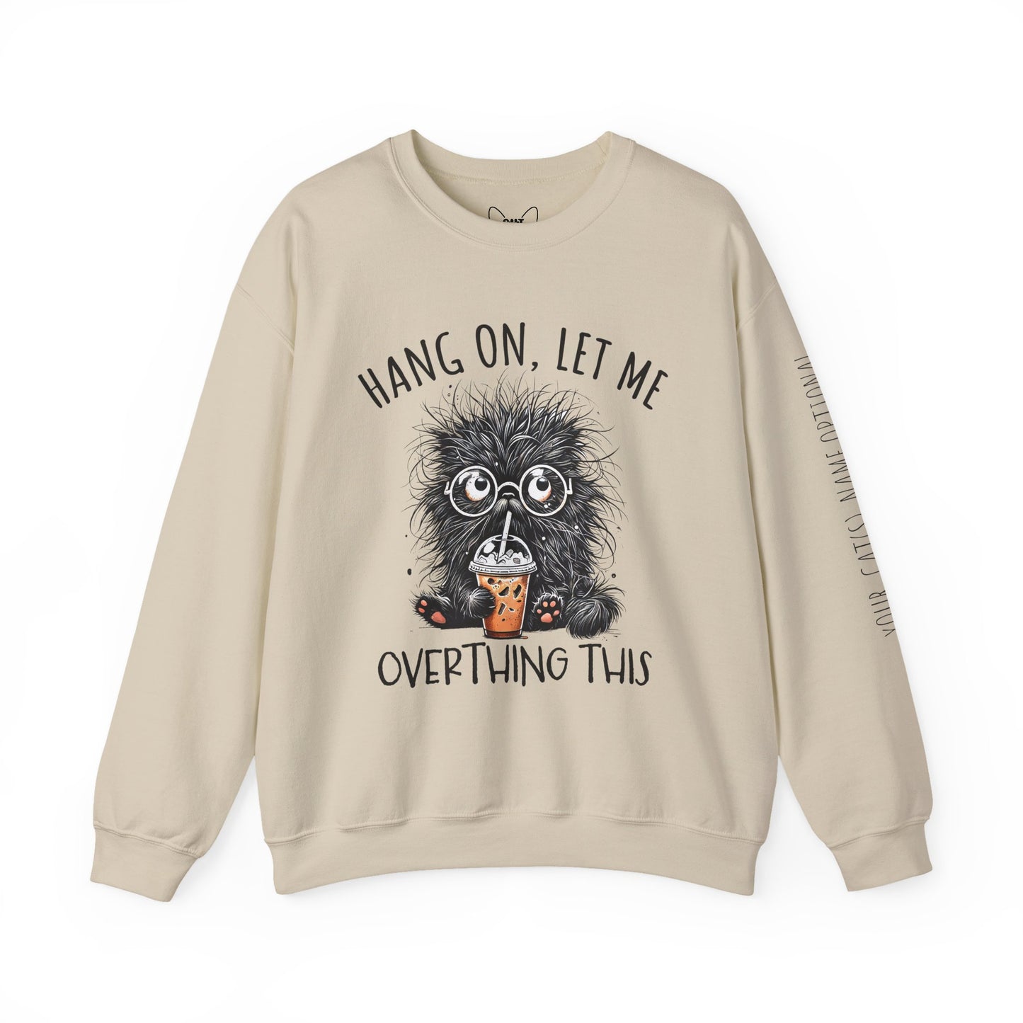 Funny Cat Mom Sweatshirt – “Hang On, Let Me Overthing This”, Personalized Cat Name Sleeve | Cozy Women’s Crewneck