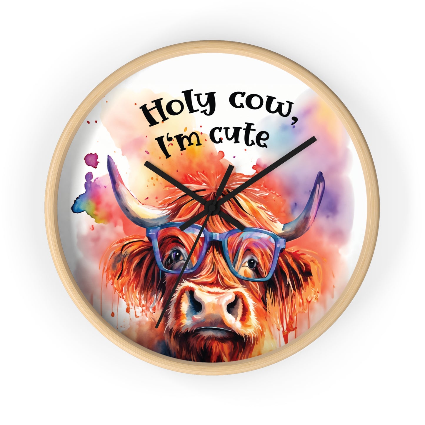 Holy Cow I'm Cute" Watercolor Highland Cow Wall Clock - Farmhouse Decor & Funny Gift