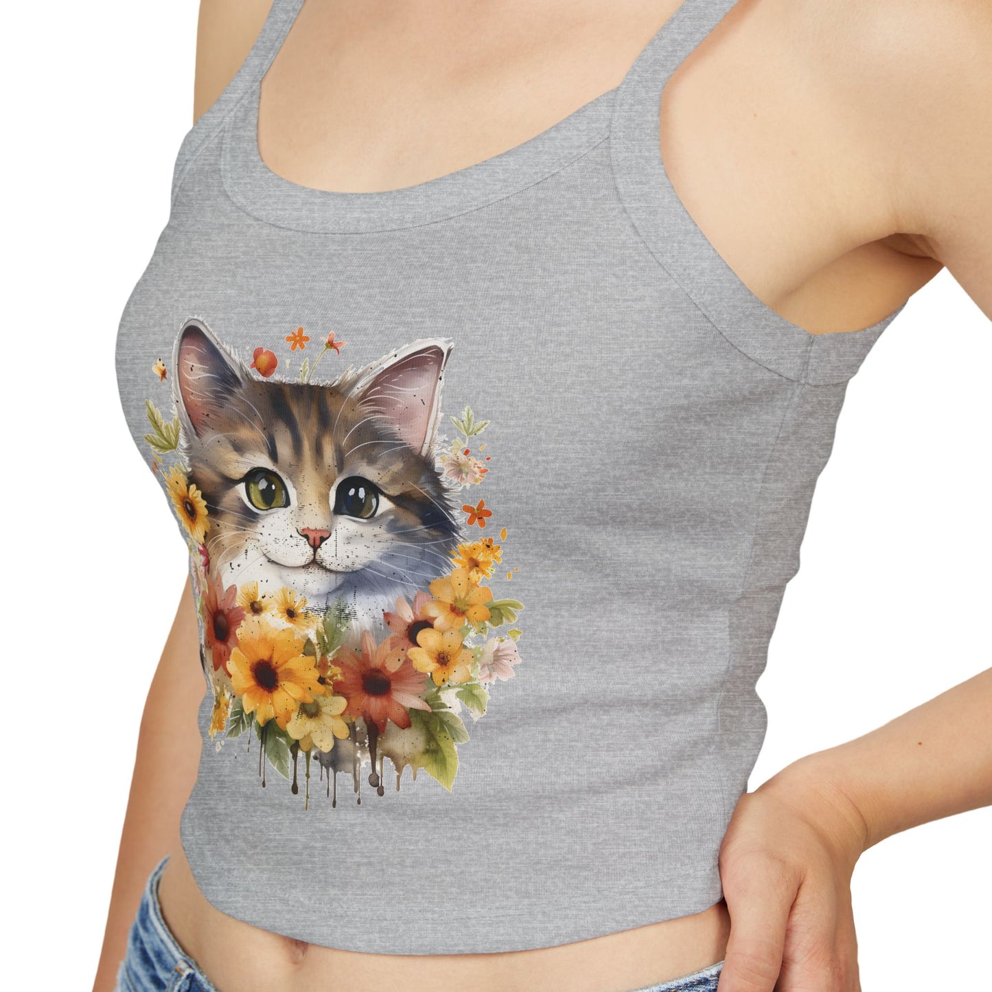 Floral Cat Women's Spaghetti Strap Tank Top - Cute and Stylish