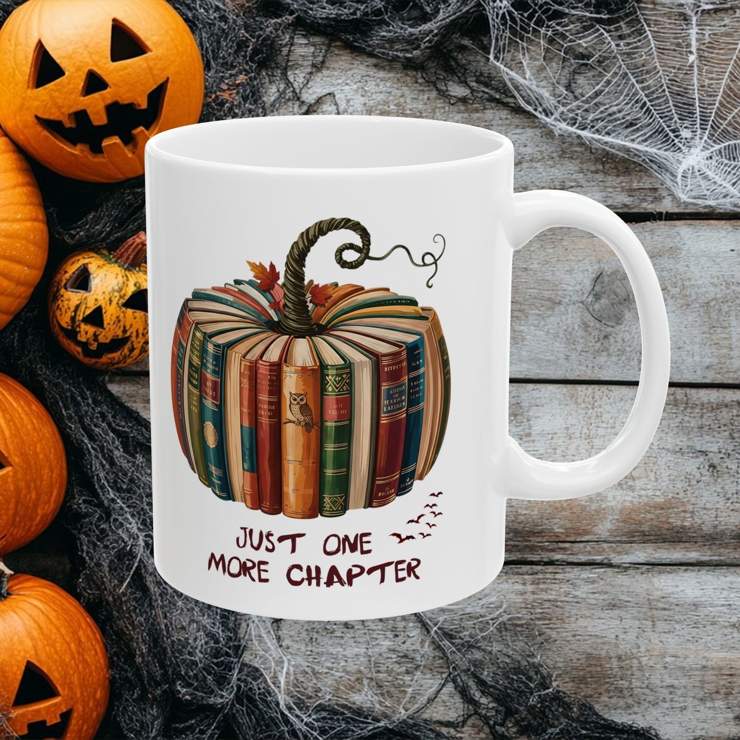 Just One More Chapter Mug – Halloween Book Lover Gift – Spooky Coffee & Tea Cup – Pumpkin Books Design – Literary Reading Mug