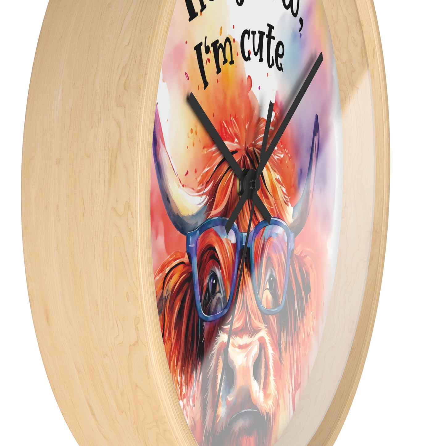 Holy Cow I'm Cute" Watercolor Highland Cow Wall Clock - Farmhouse Decor & Funny Gift