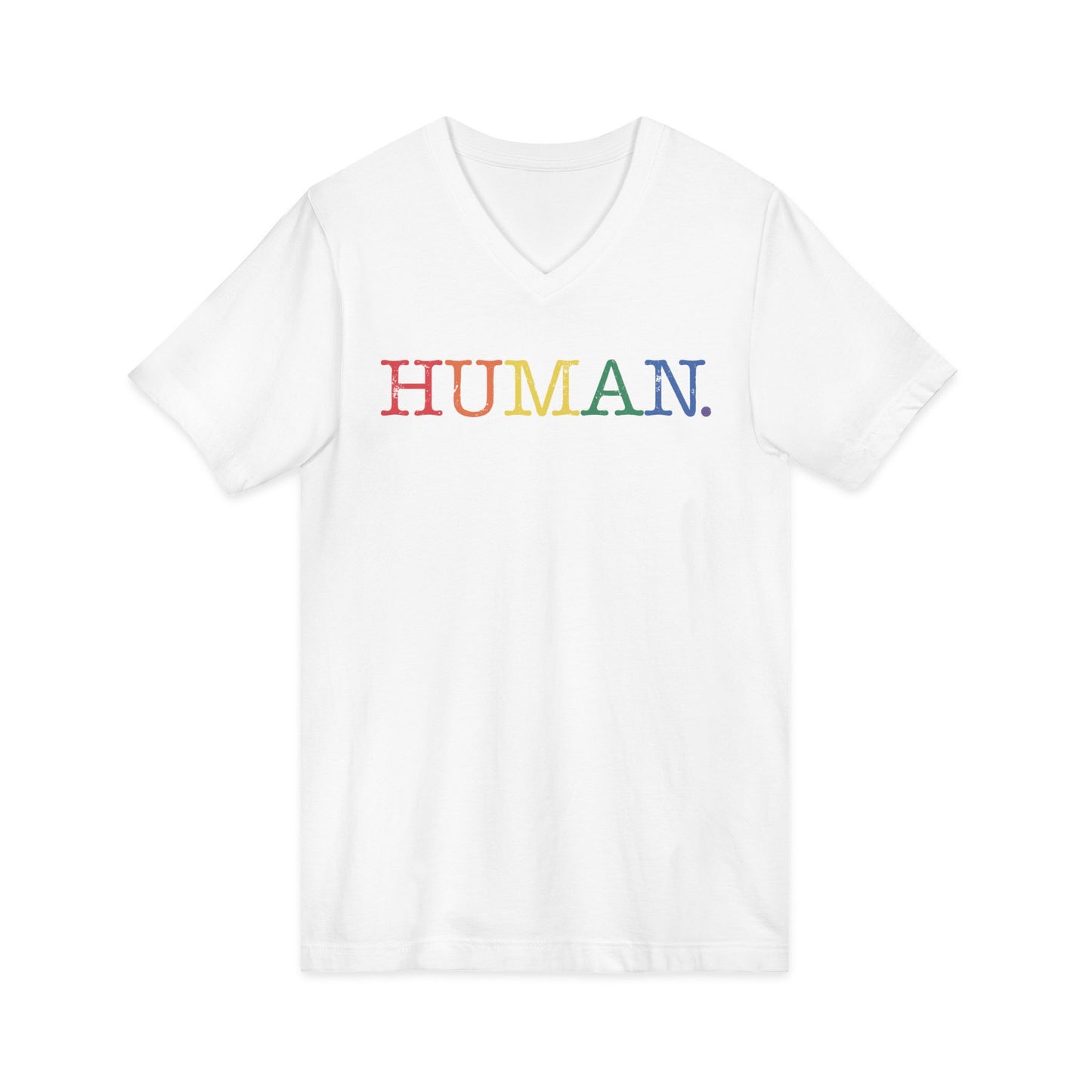 HUMAN Rainbow V-Neck T-Shirt – Unisex LGBTQ Pride Shirt – Minimalist Equality Graphic Tee – Black or White Cotton Top