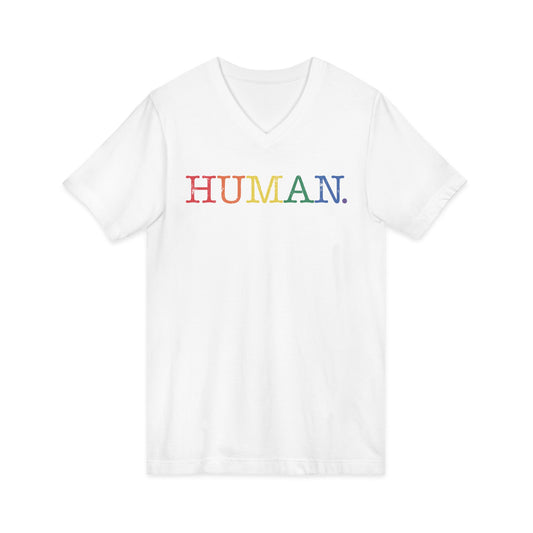 HUMAN Rainbow V-Neck T-Shirt – Unisex LGBTQ Pride Shirt – Minimalist Equality Graphic Tee – Black or White Cotton Top